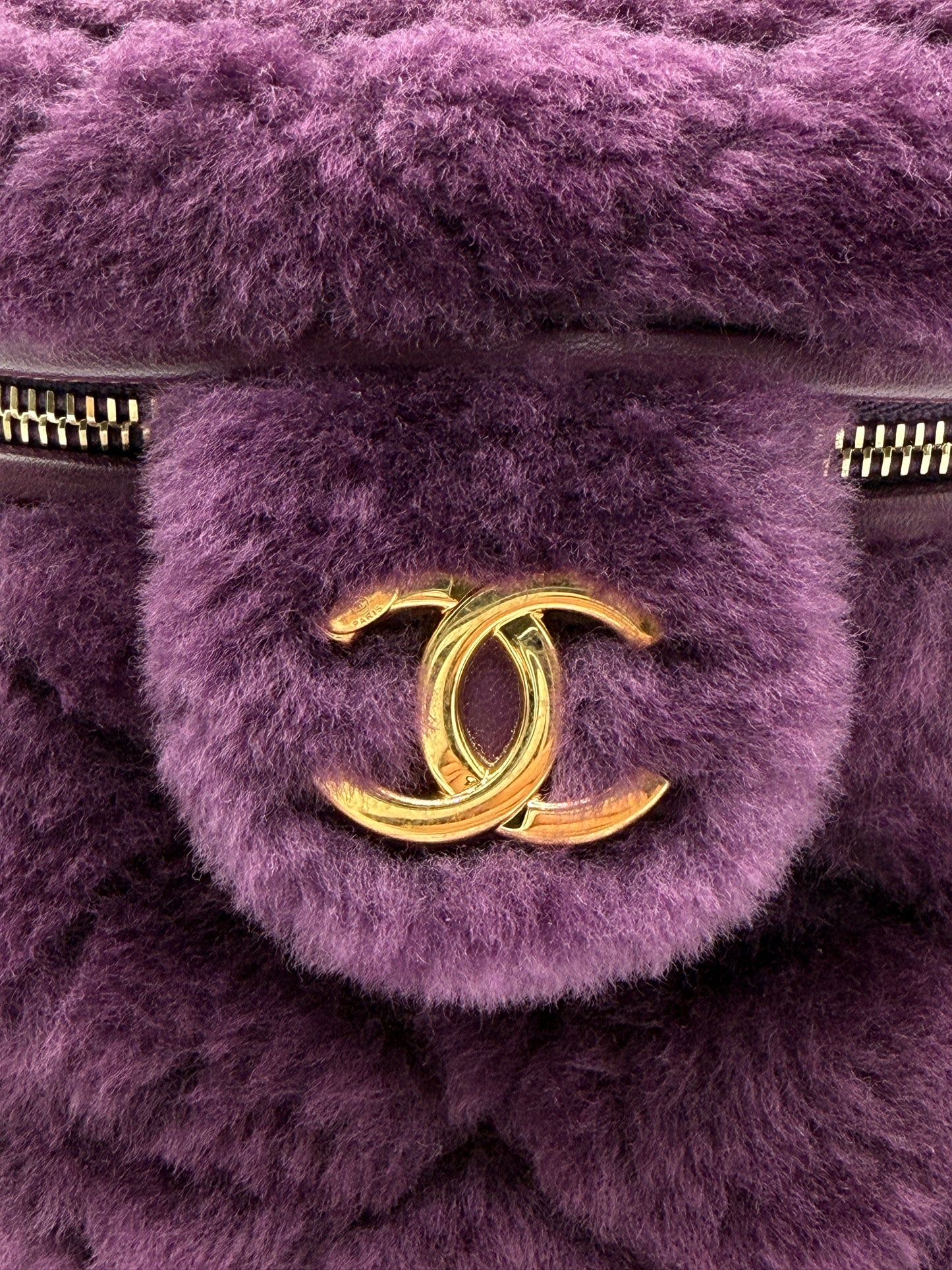 Chanel Shearling Vanity Case with Chain Purple Fur Bag