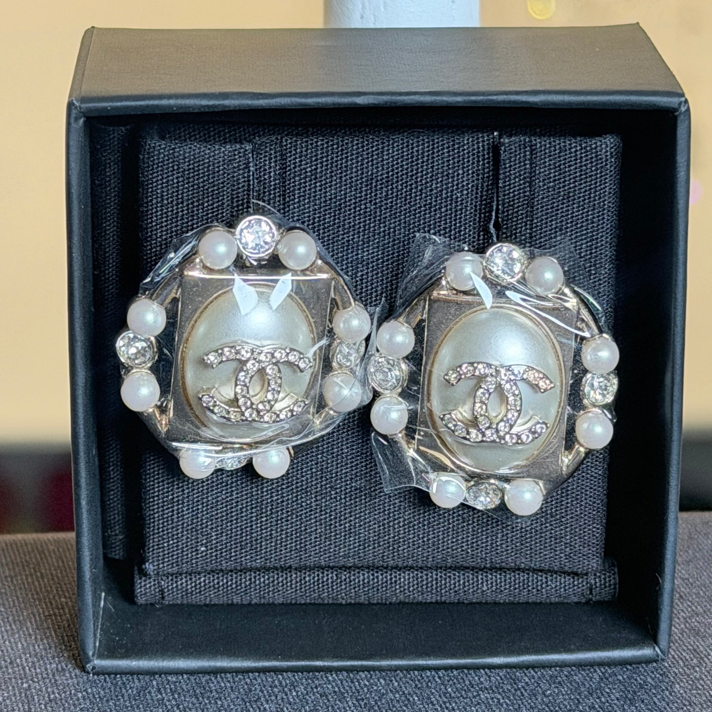 Chanel Pearl & Crystal CC Medallion Stud Earrings