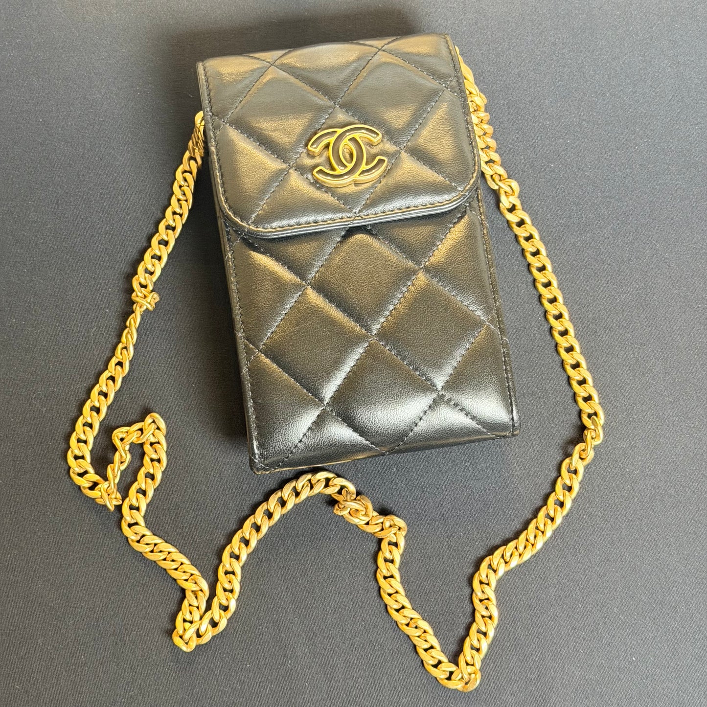 Chanel Phone Holder with Chain in Black Quilted Lambskin Leather
