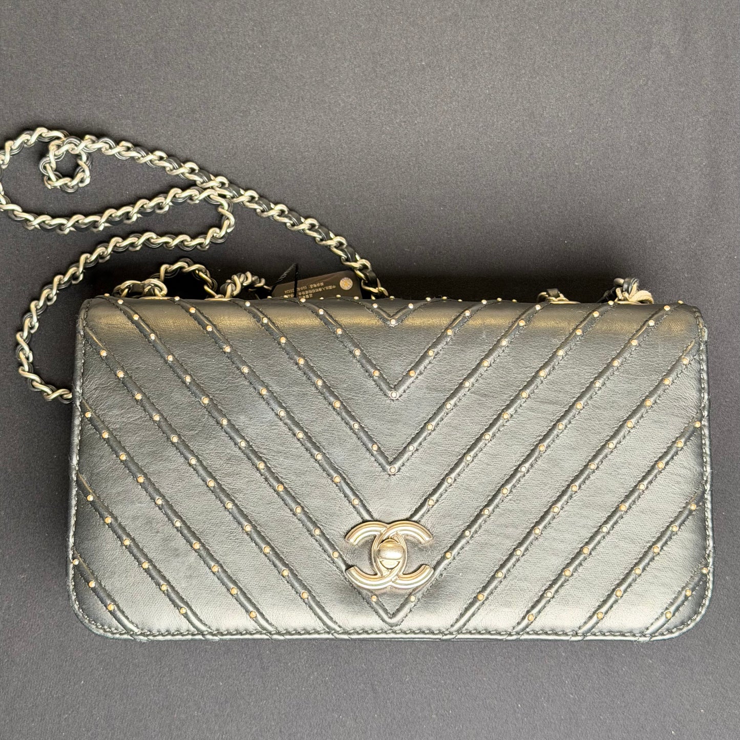 Chanel Chevron Studded Flap Wallet on Chain (WOC) in Black Lambskin Leather