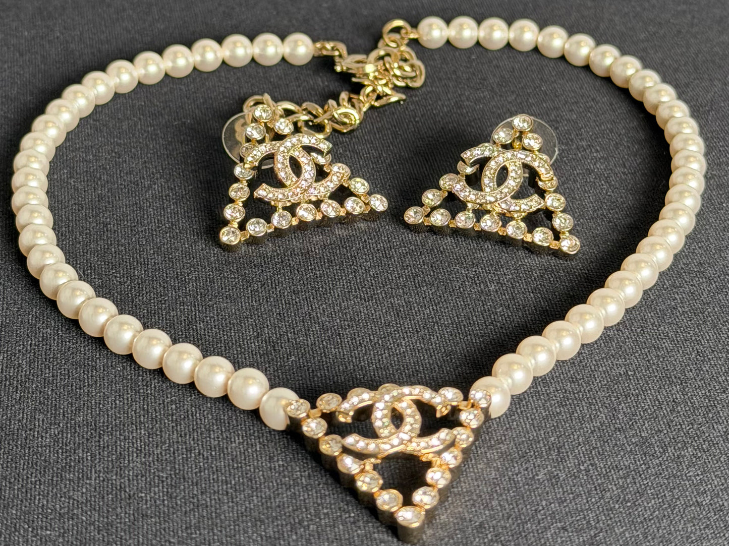 Chanel CC Pearl & Crystal Necklace & Earrings Jewelry Set