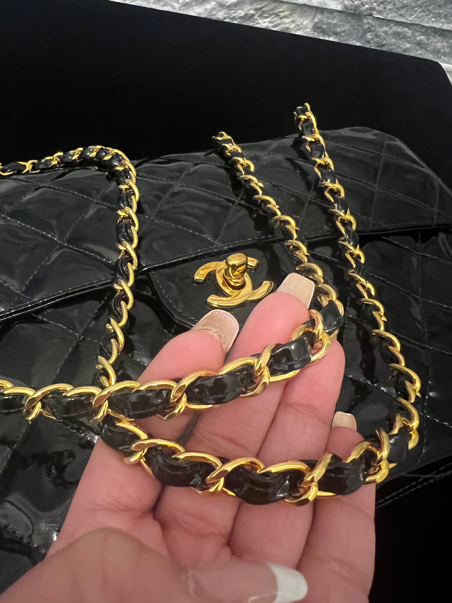 Vintage CHANEL Jumbo Classic Double Flap Quilted Patent Gold Tone Bag