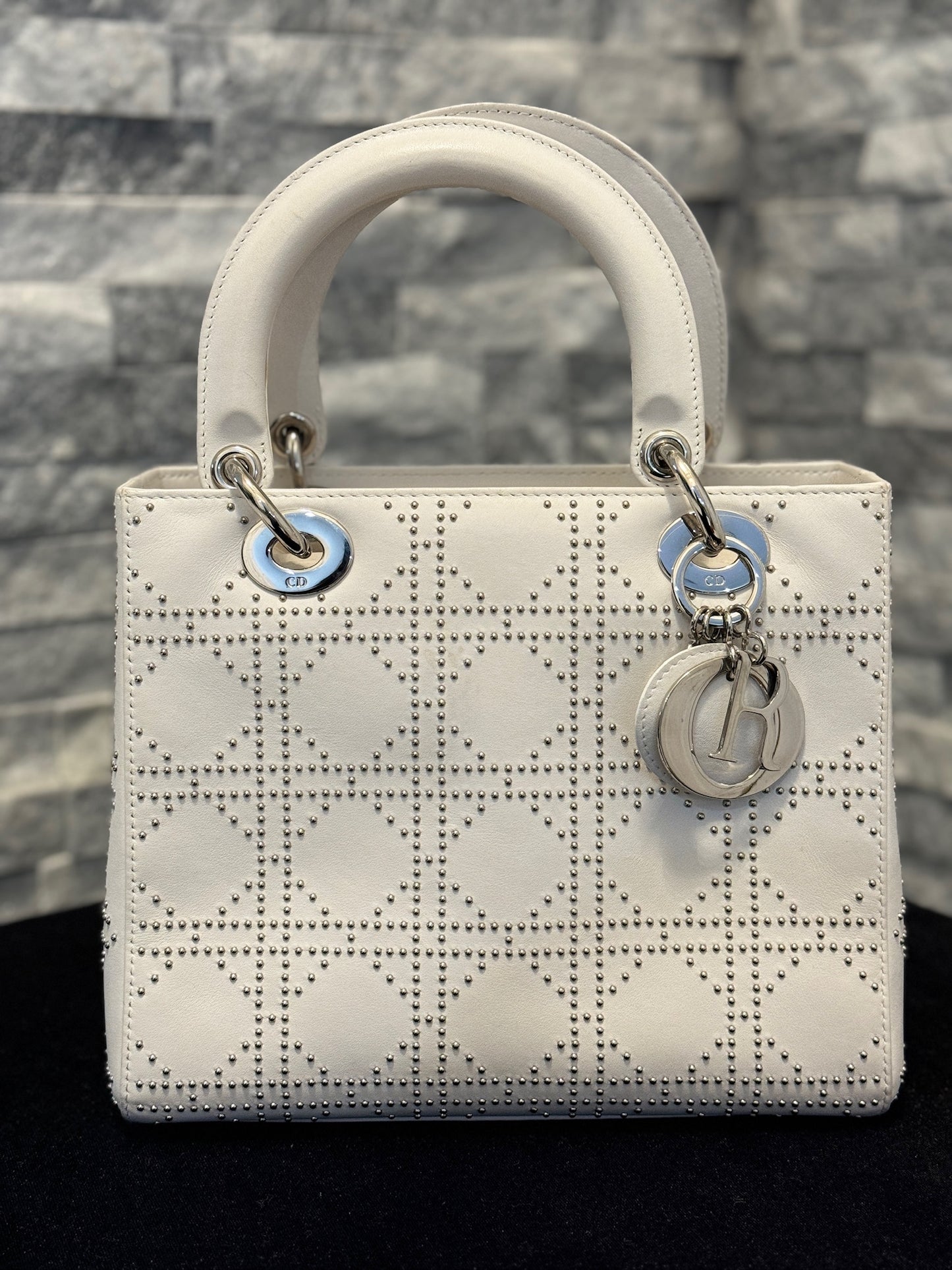 Pre Owned Lady Dior Studded Leather Top Handle Bag
