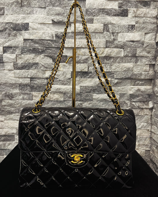 Vintage CHANEL Jumbo Classic Double Flap Quilted Patent Gold Tone Bag