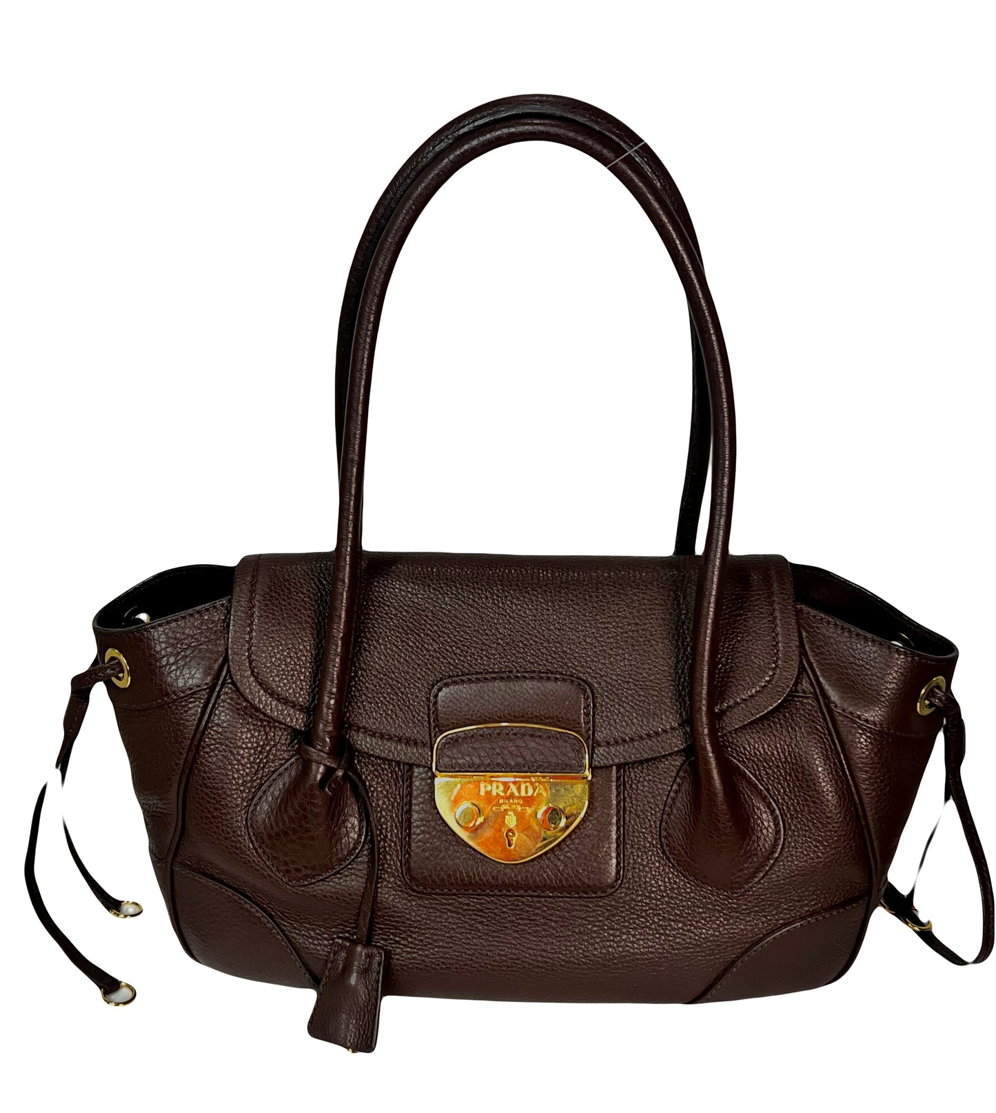 PRe Owned Prada Pattina Pushlock Satchel Vitello Daino Medium