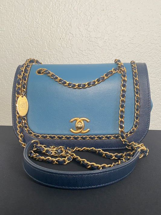 Chanel CC GHW Chain Shoulder Bag Blue Calfskin Leather