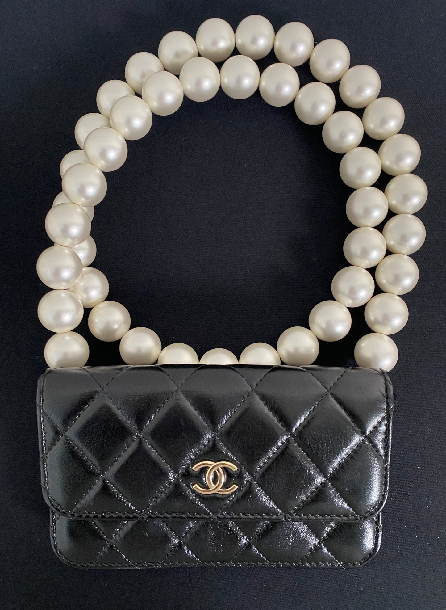 Chanel Mini Pearl Flap Bag Black Quilted Leather Oversized Pearl Strap GHW