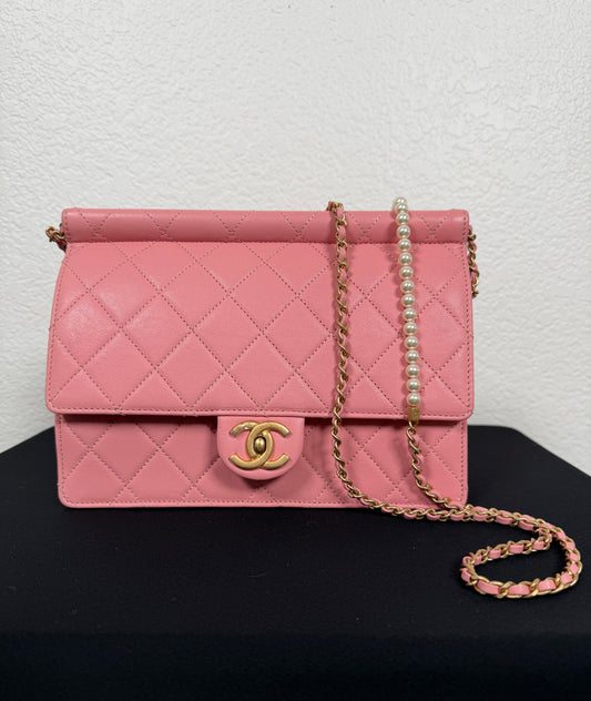 Chanel Quilted Lambskin Pearl Chain Flap Bag In Pink
