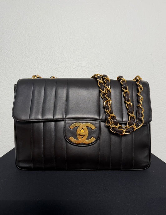 Vintage Chanel Jumbo Black Verticle Quilted Single Flap Bag