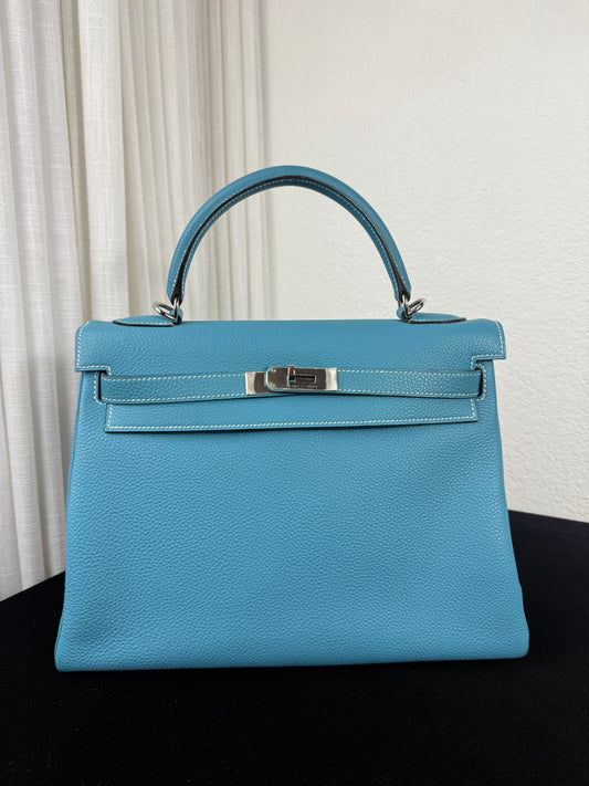 Hermes Kelly 32 Bleu Jean in Togo Leather - Palladium Hardware