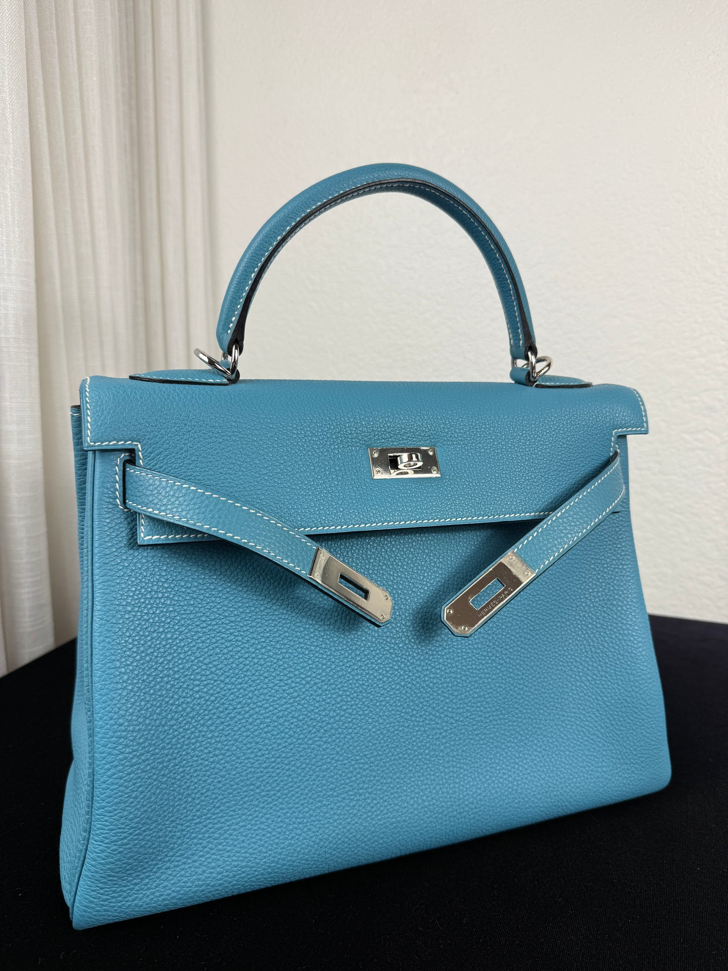 Hermes Kelly 32 Bleu Jean in Togo Leather - Palladium Hardware