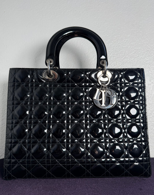 Christian Dior Lady Dior Handbag Black Patent Cannage Leather Silver-Tone Hardware
