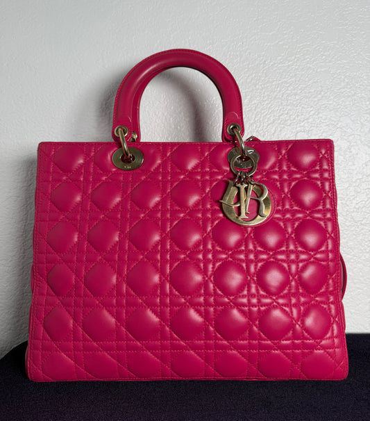Christian Dior Large Lady Dior Handbag Pink Cannage Quilted Leather Gold-Tone Hardware