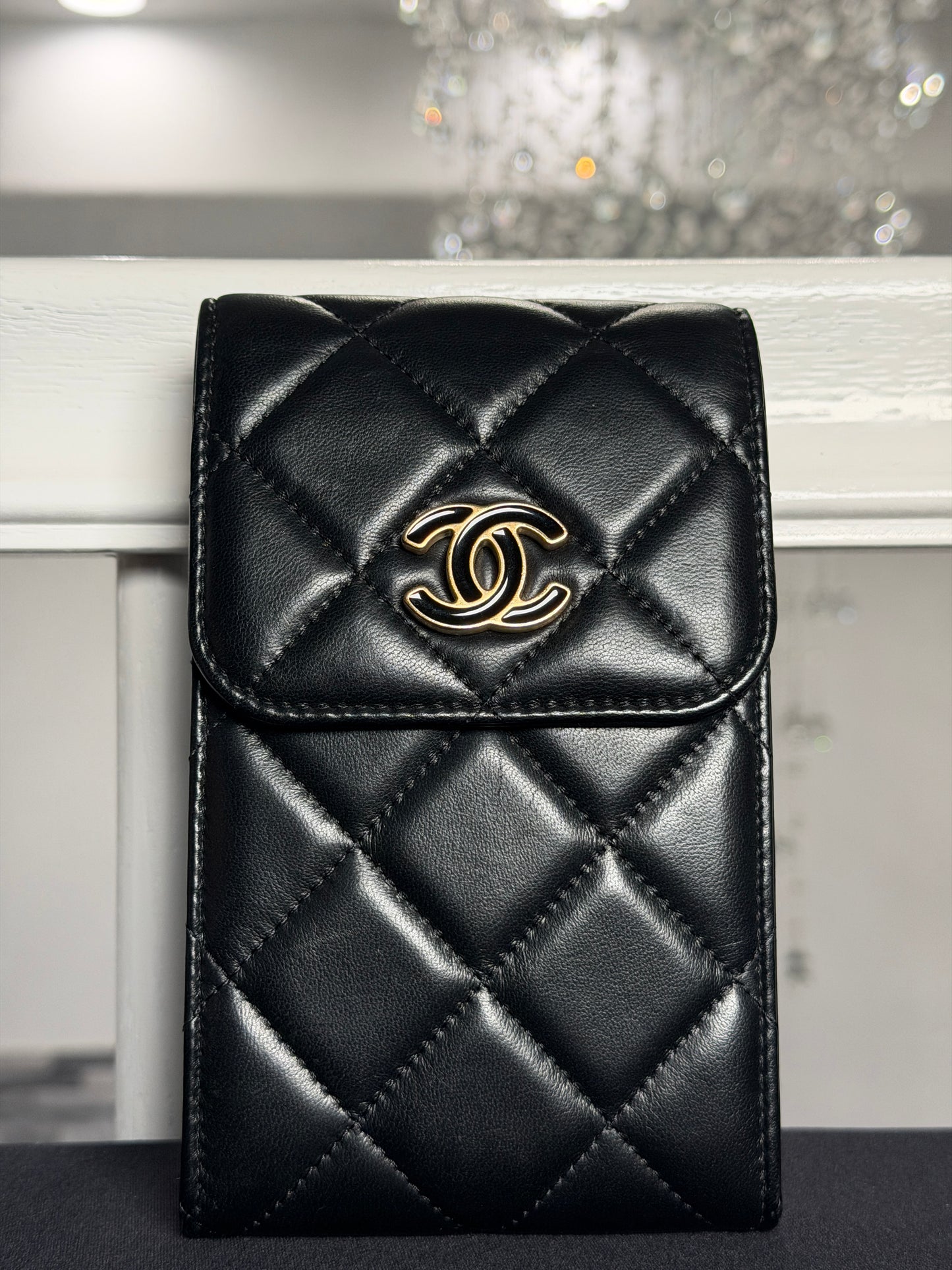 Chanel Phone Holder with Chain in Black Quilted Lambskin Leather