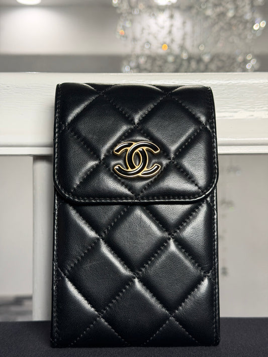Chanel Phone Holder with Chain in Black Quilted Lambskin Leather