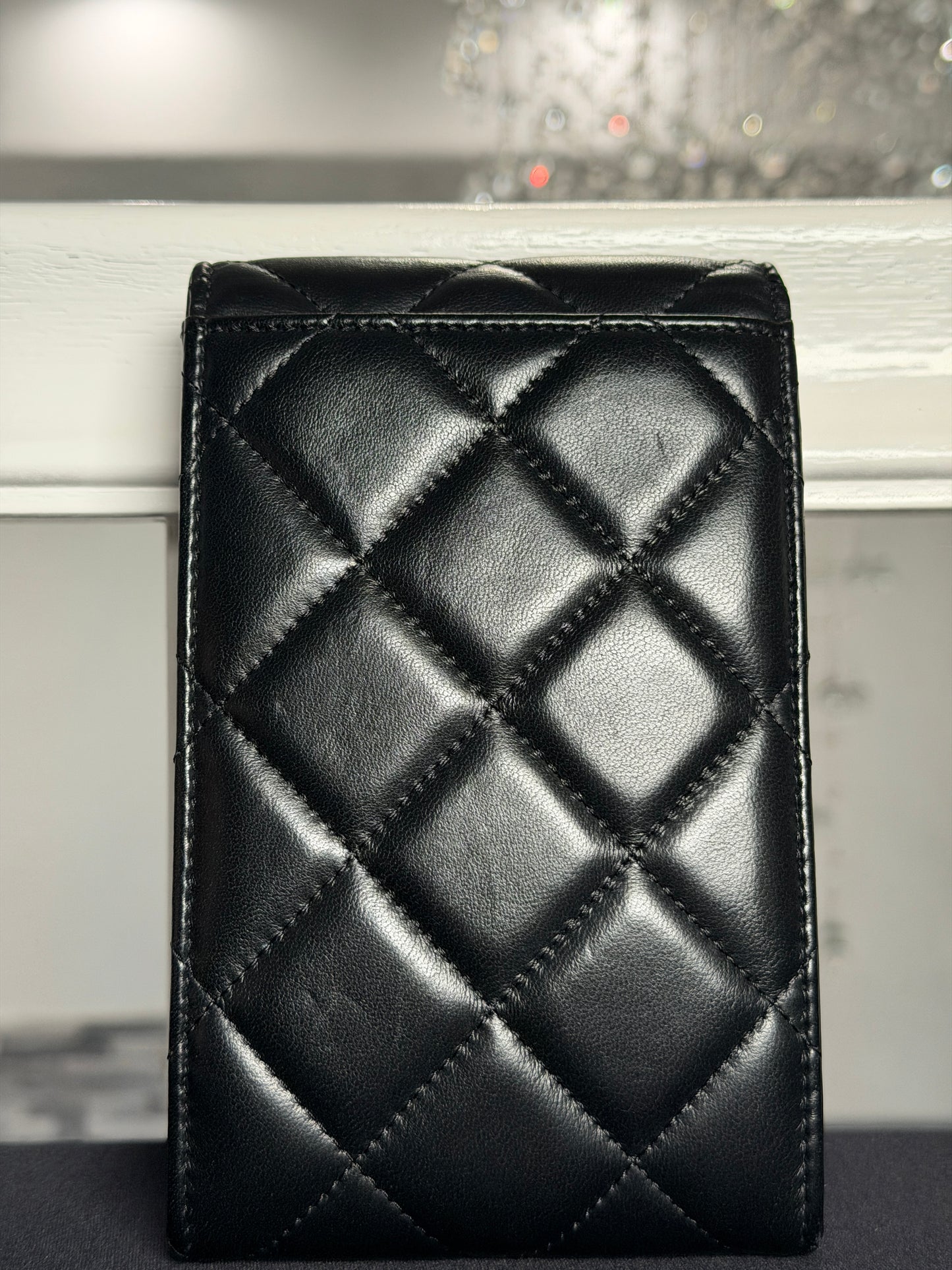 Chanel Phone Holder with Chain in Black Quilted Lambskin Leather