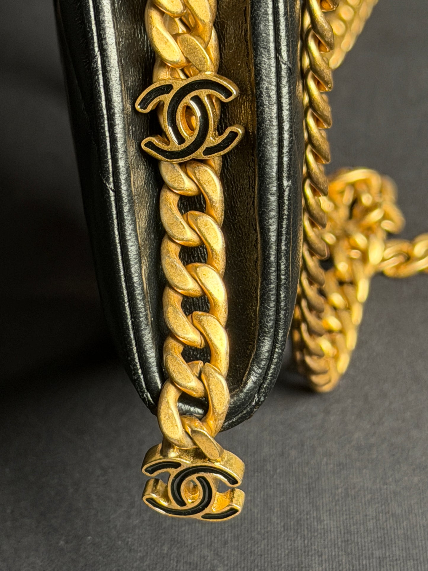 Chanel Phone Holder with Chain in Black Quilted Lambskin Leather