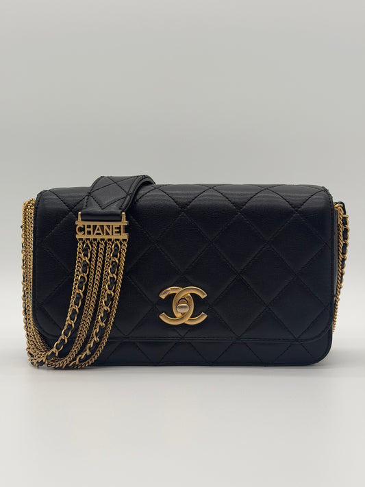 Chanel Black Multi Chain Strap Small Flap w/ card & receipt