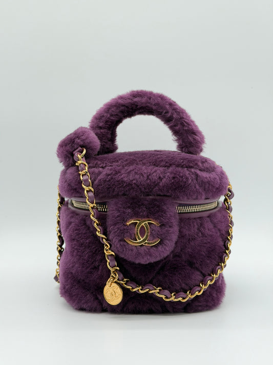 Chanel Shearling Vanity Case with Chain Purple Fur Bag