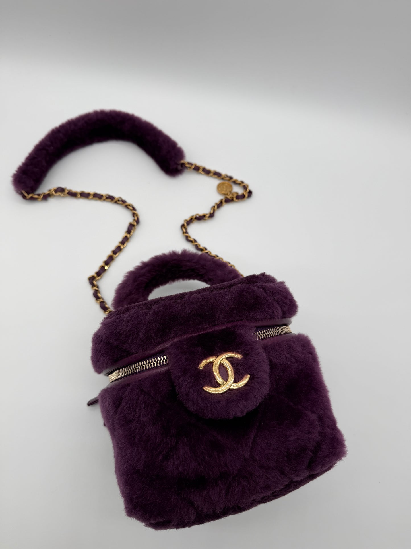 Chanel Shearling Vanity Case with Chain Purple Fur Bag