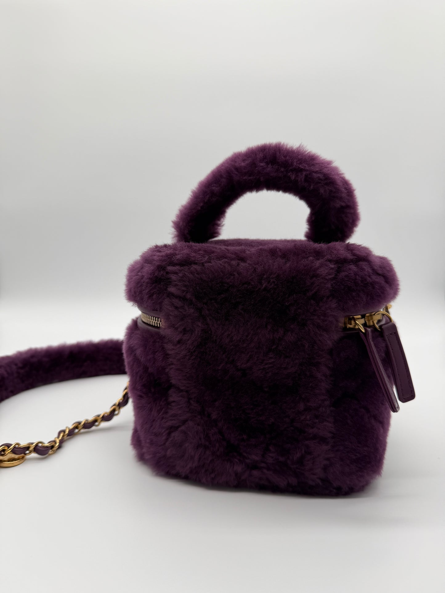 Chanel Shearling Vanity Case with Chain Purple Fur Bag