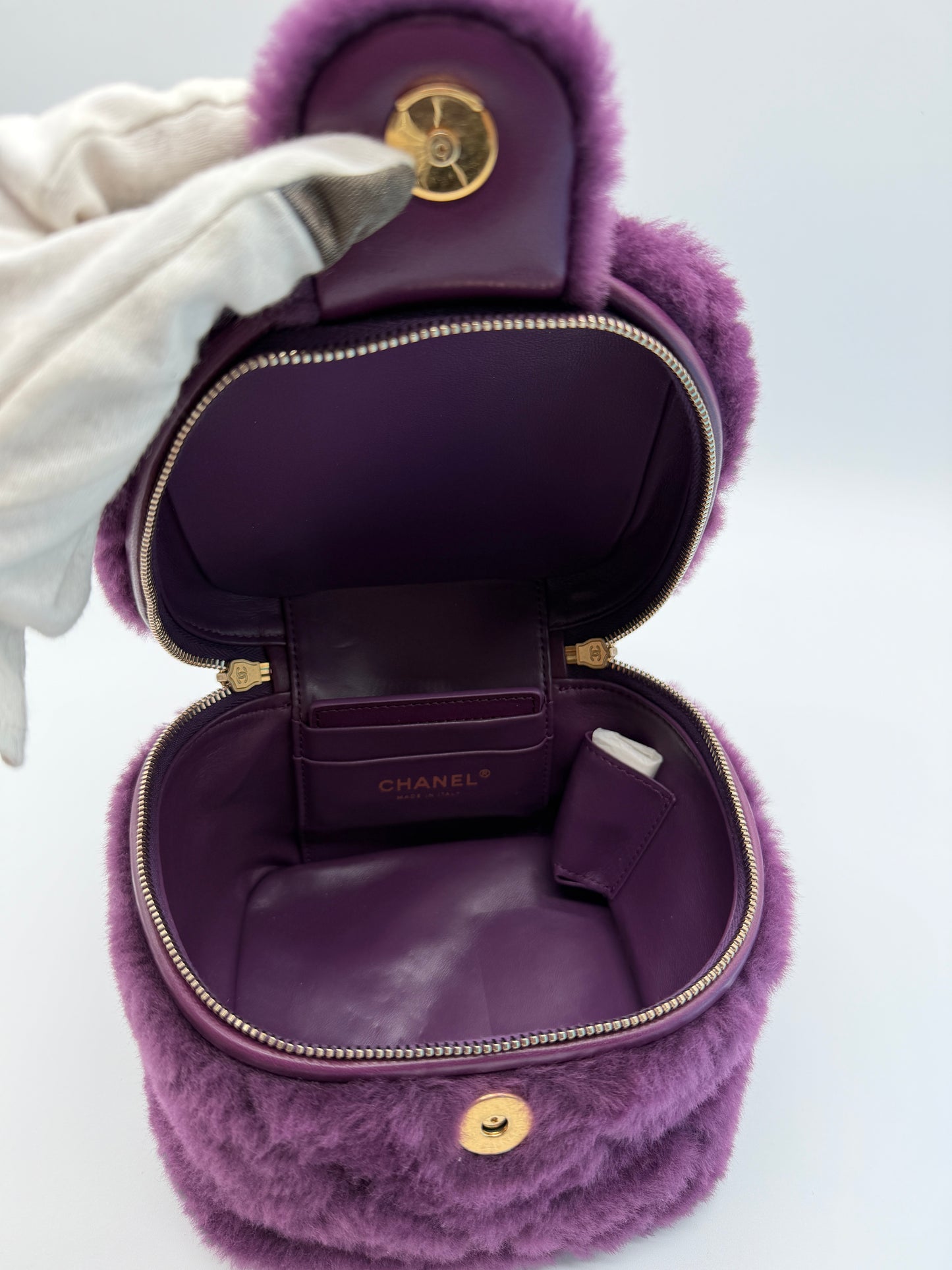 Chanel Shearling Vanity Case with Chain Purple Fur Bag