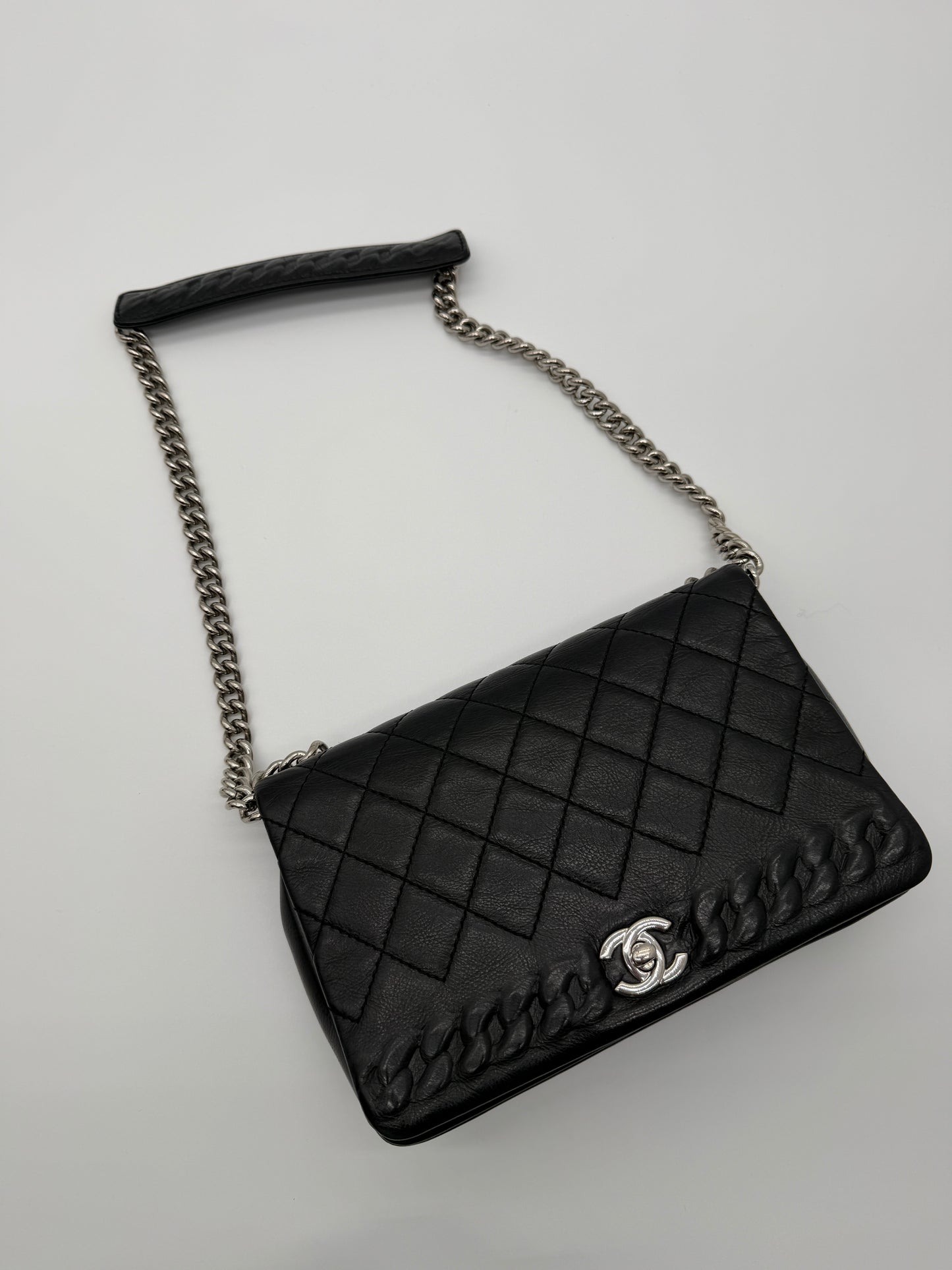 Chanel Braided Edge Flap Bag Black Quilted Caviar Leather
