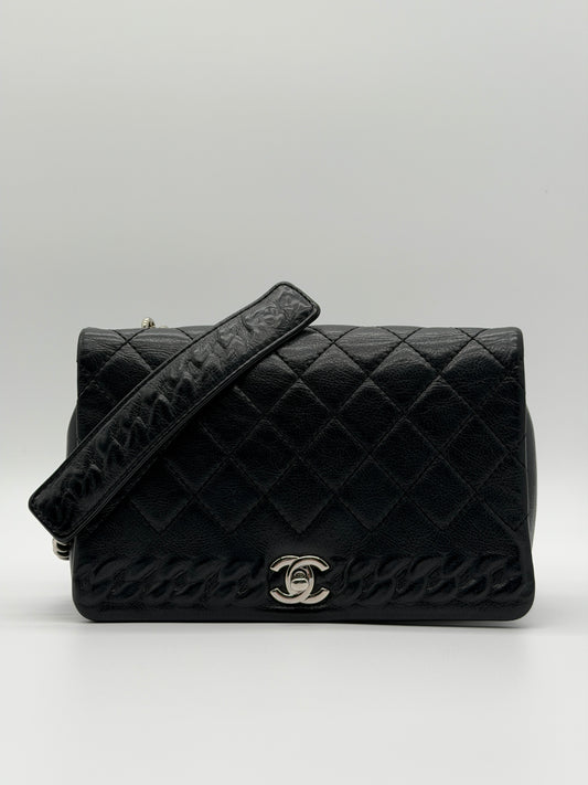 Chanel Braided Edge Flap Bag Black Quilted Caviar Leather