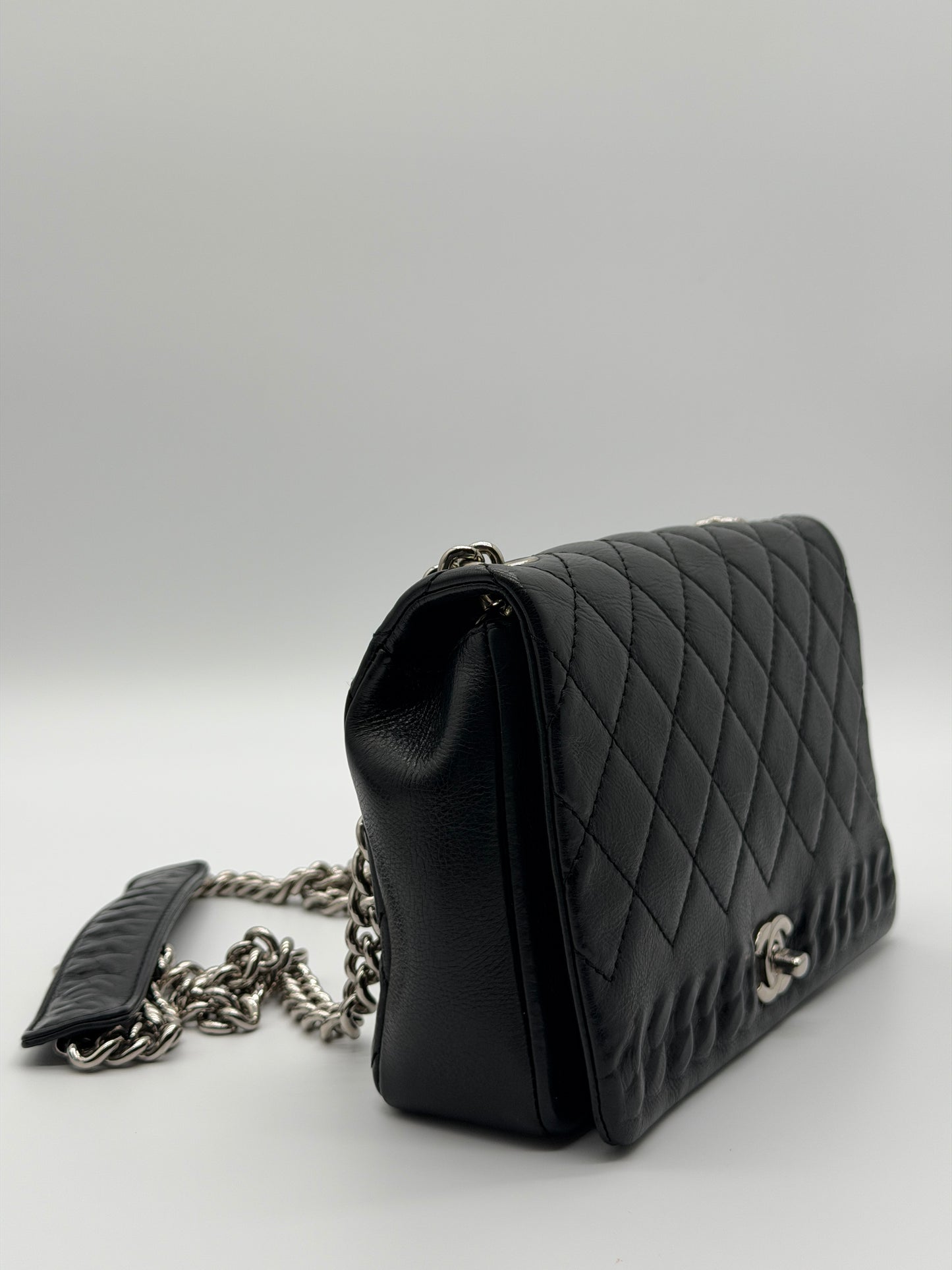 Chanel Braided Edge Flap Bag Black Quilted Caviar Leather