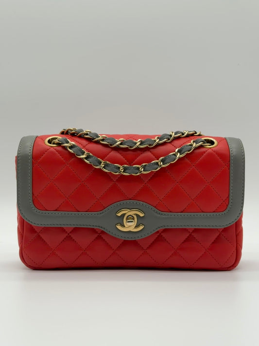 Chanel Coco Curve Flap Bag Red & Gray Quilted Lambskin Leather