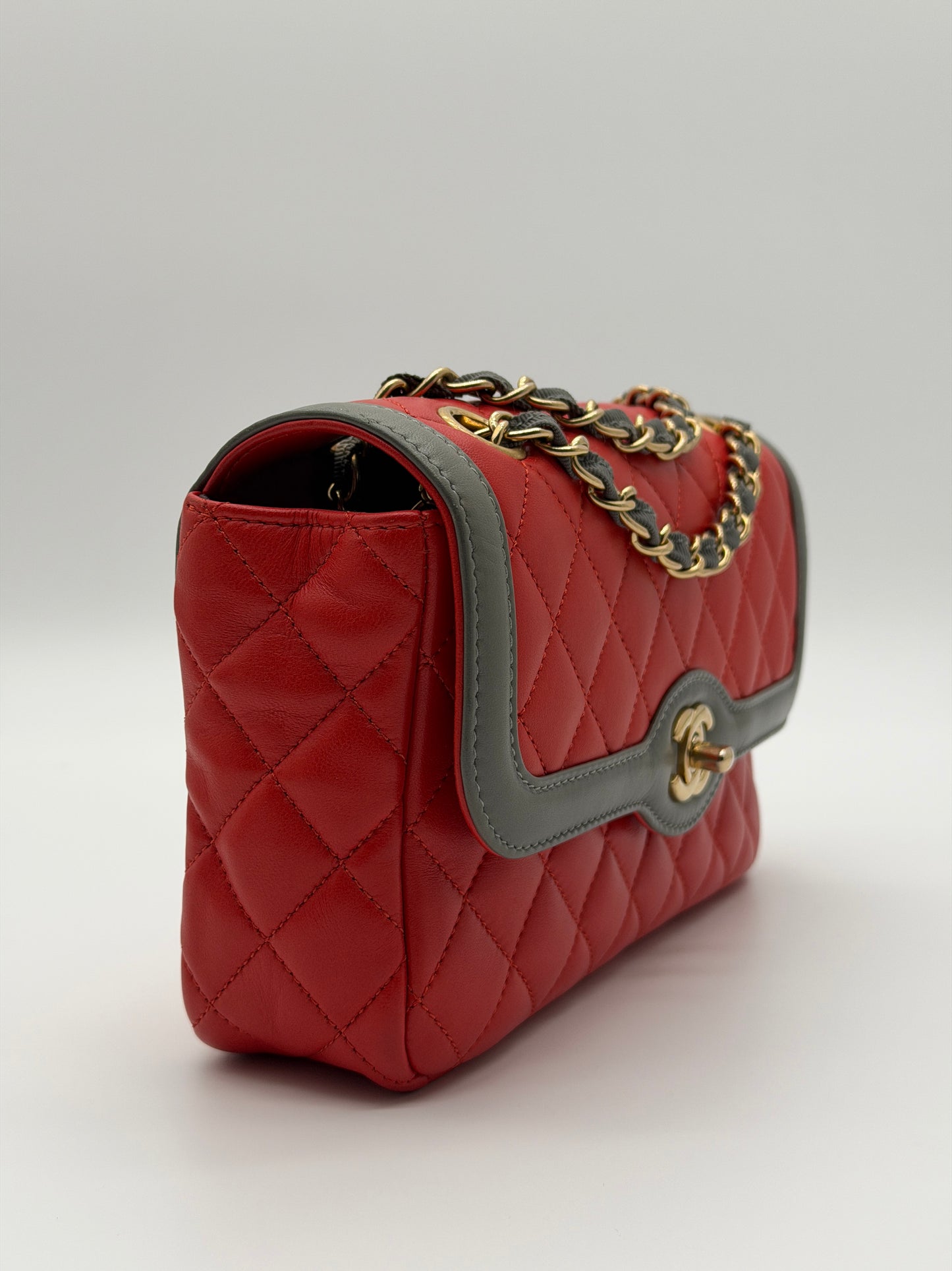 Chanel Coco Curve Flap Bag Red & Gray Quilted Lambskin Leather