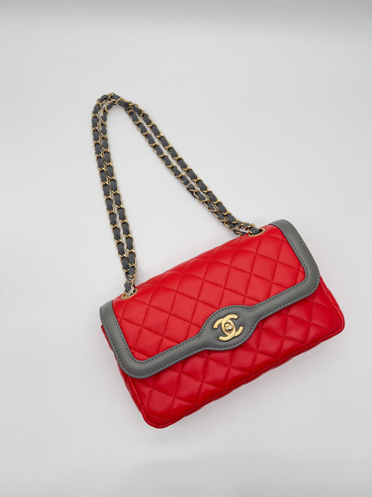 Chanel Coco Curve Flap Bag Red & Gray Quilted Lambskin Leather