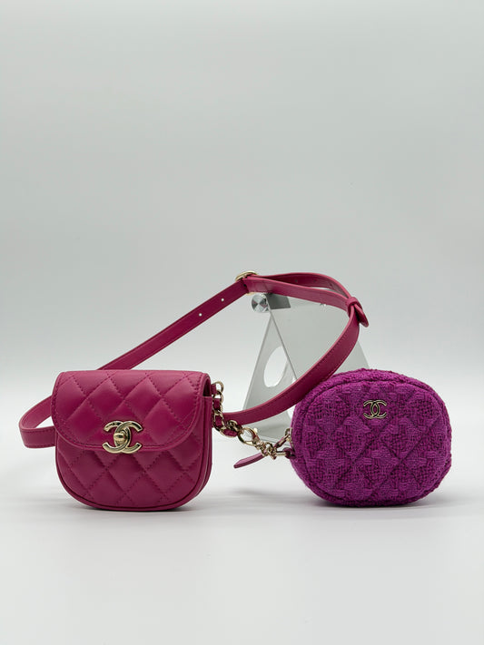 Chanel Tweed & Lambskin Quilted Waist Bag Fuchsia