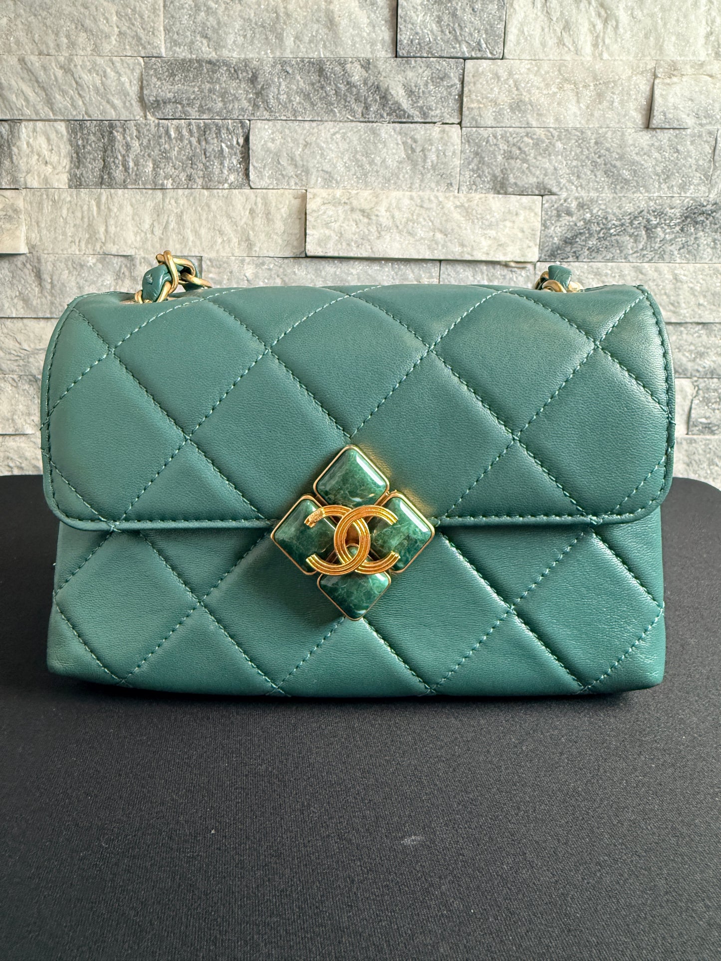 Chanel Small Lambskin Flap Bag with Green Stone CC Turn-Lock