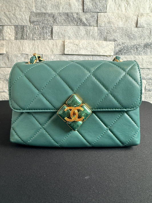 Chanel Small Lambskin Flap Bag with Green Stone CC Turn-Lock