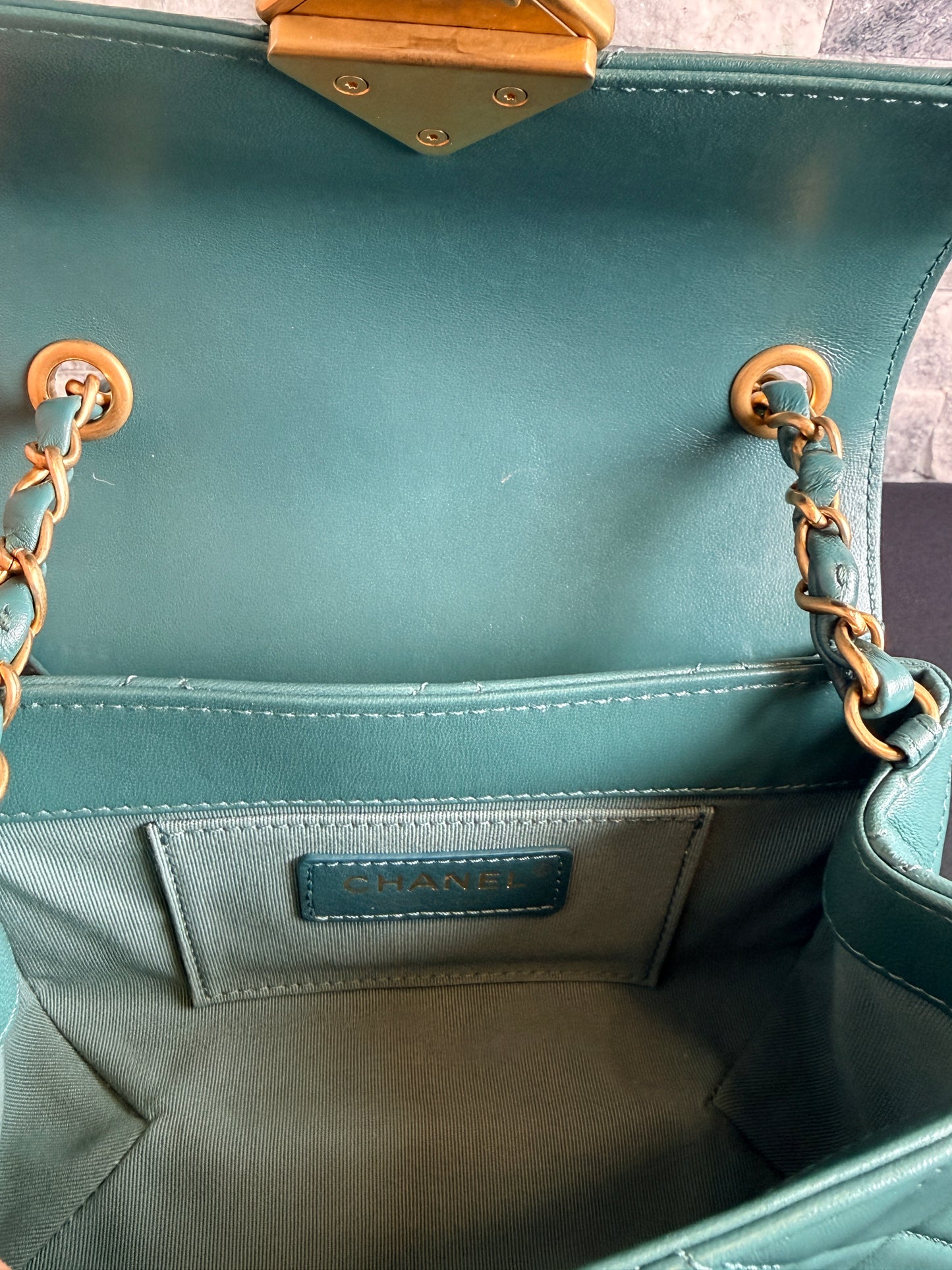 Chanel Small Lambskin Flap Bag with Green Stone CC Turn-Lock