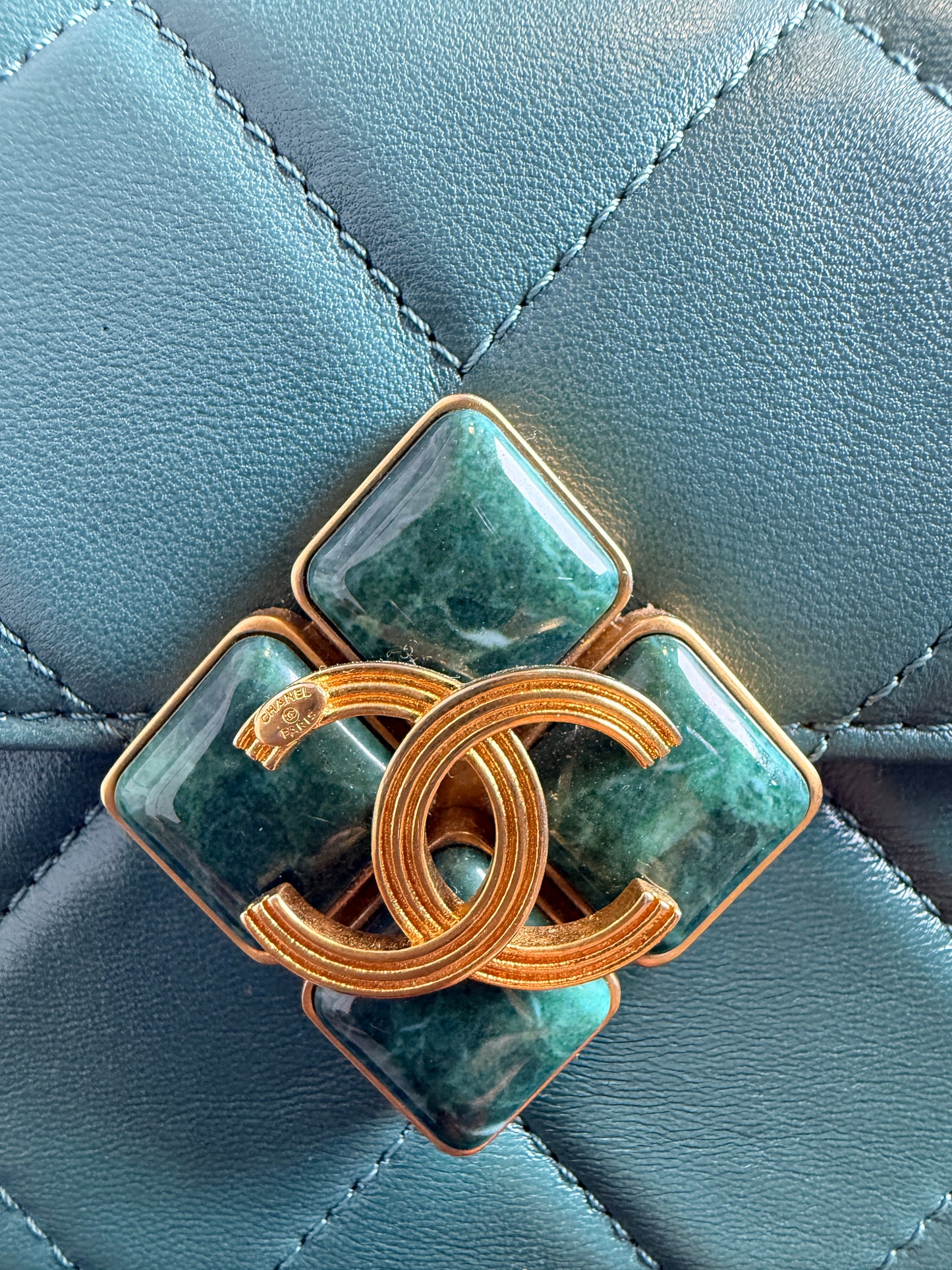 Chanel Small Lambskin Flap Bag with Green Stone CC Turn-Lock