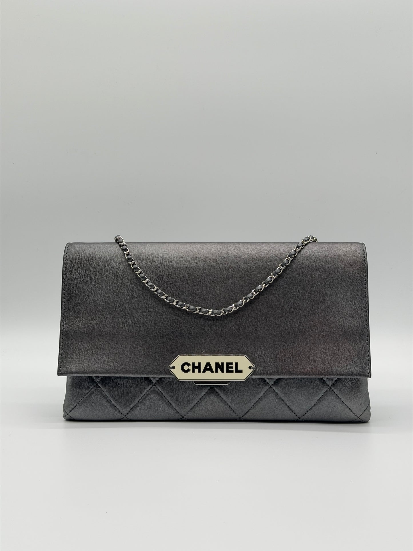 Chanel Quilted Retro Label Lambskin Clutch – Grey