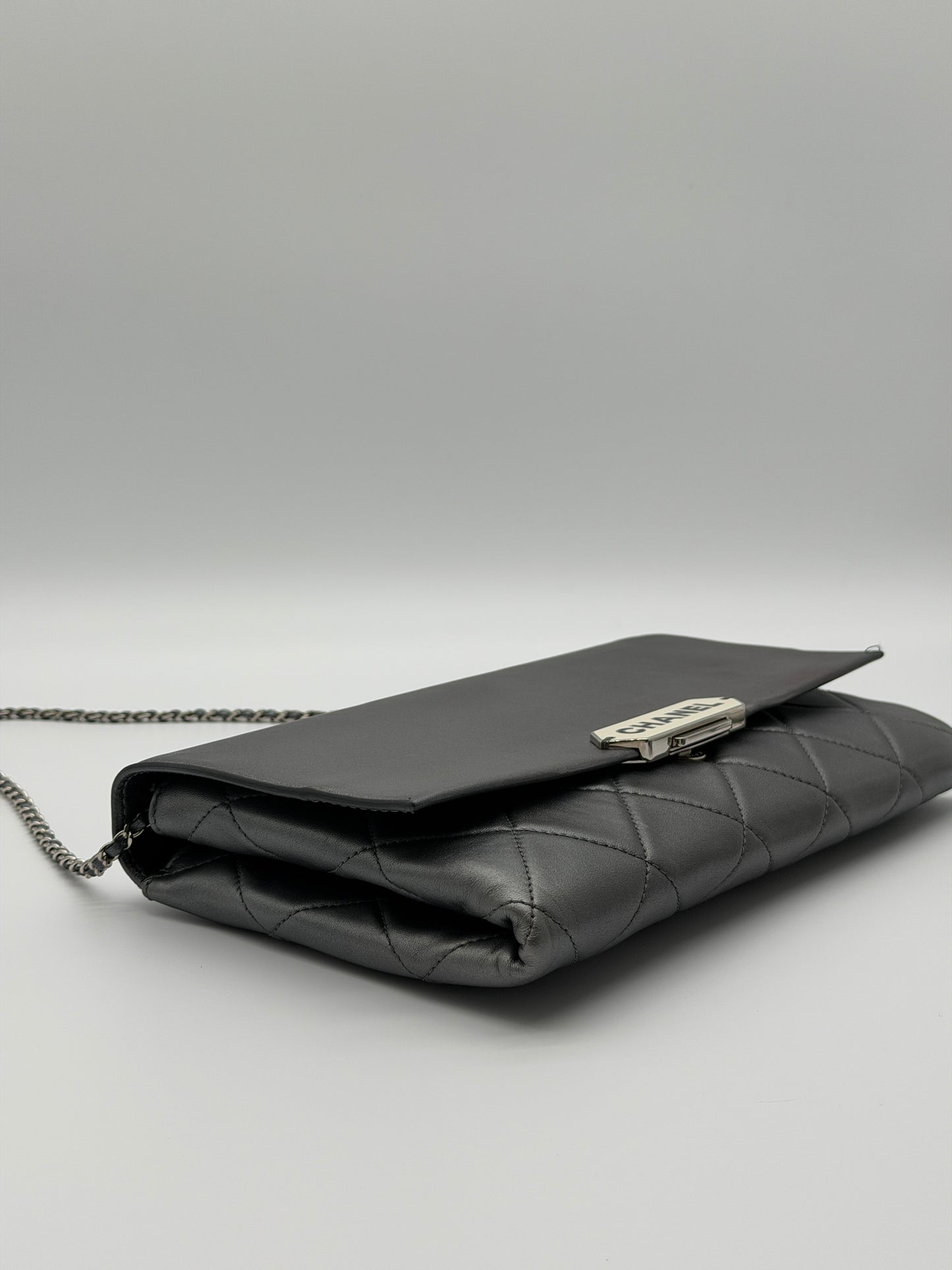Chanel Quilted Retro Label Lambskin Clutch – Grey