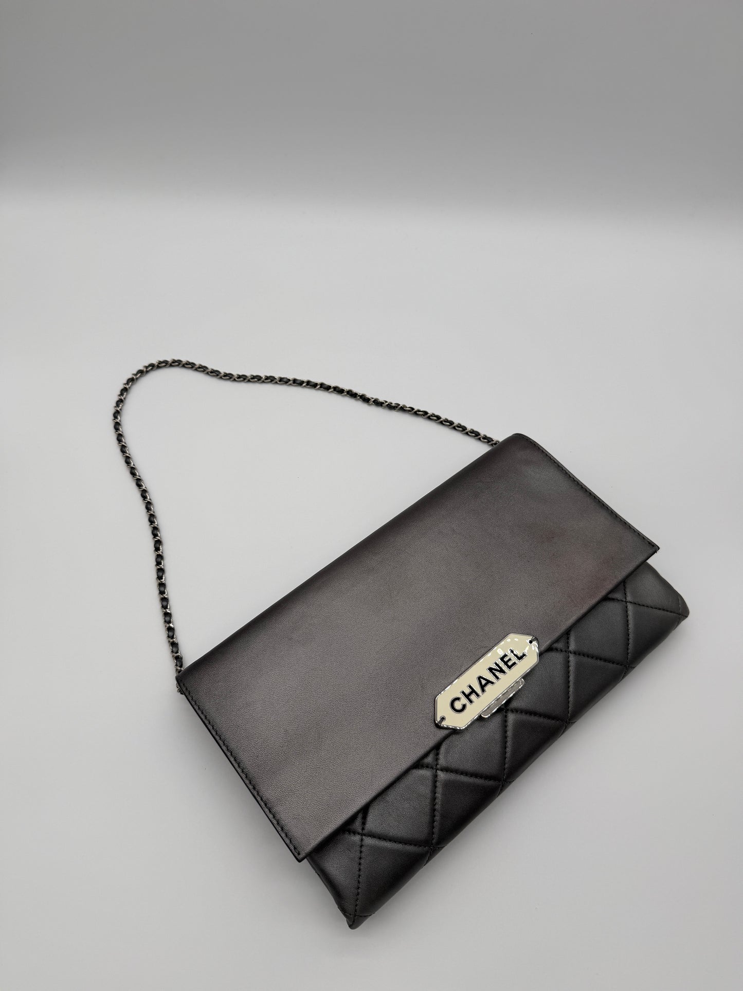 Chanel Quilted Retro Label Lambskin Clutch – Grey