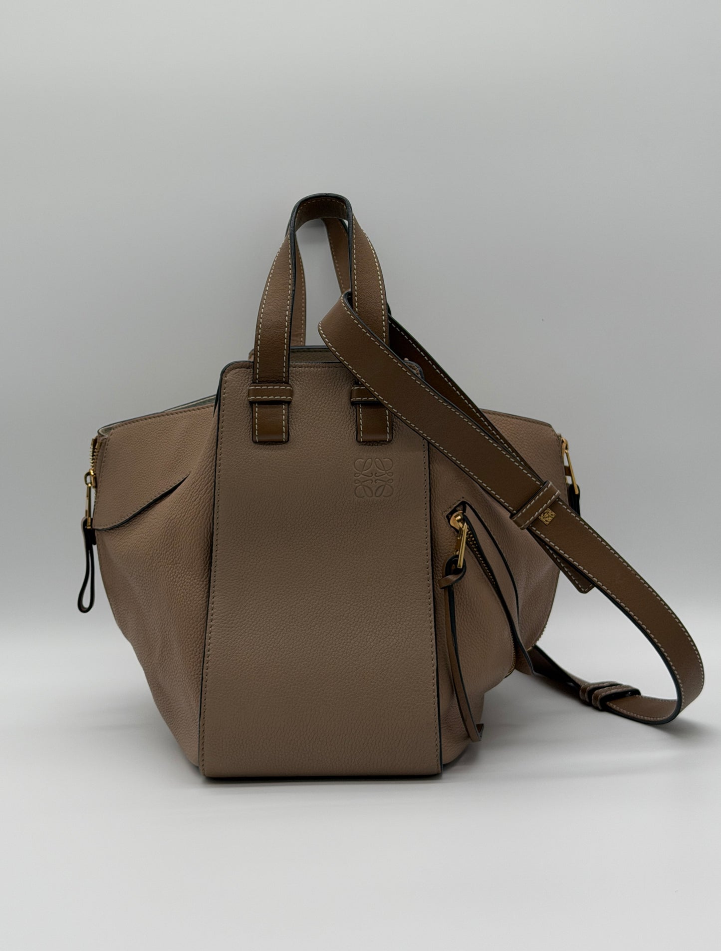 Loewe Hammock Hobo Shoulder Bag in Taupe Pebbled Calfskin Leather LX873