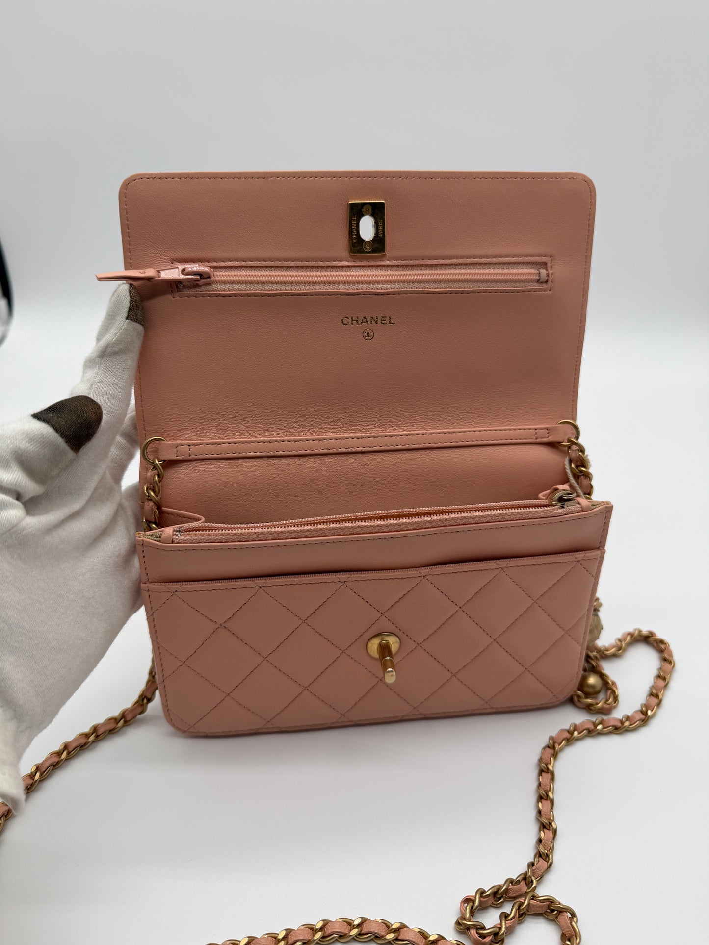 Chanel Pink Quilted Lambskin CC Pearl Crush Wallet on Chain