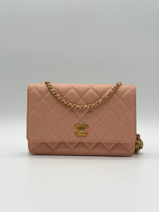 Chanel Pink Quilted Lambskin CC Pearl Crush Wallet on Chain