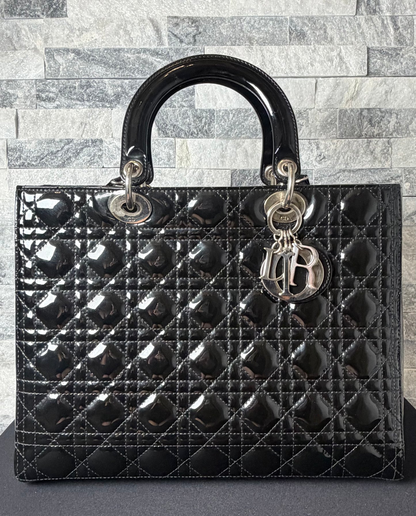 Christian Dior Lady Dior Handbag Black Patent Cannage Leather Silver-Tone Hardware