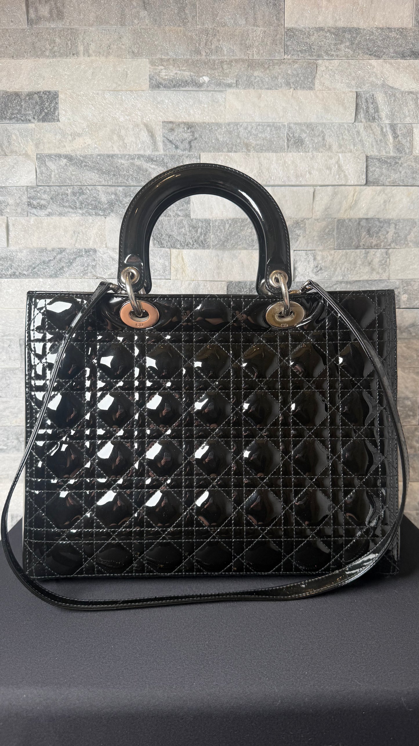 Christian Dior Lady Dior Handbag Black Patent Cannage Leather Silver-Tone Hardware