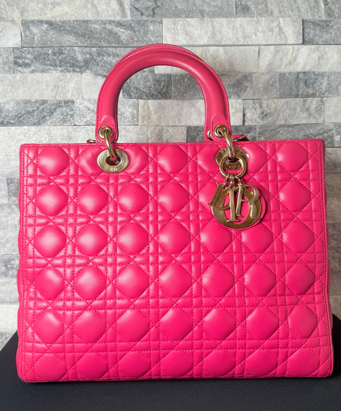 Christian Dior Large Lady Dior Handbag Pink Cannage Quilted Leather Gold-Tone Hardware