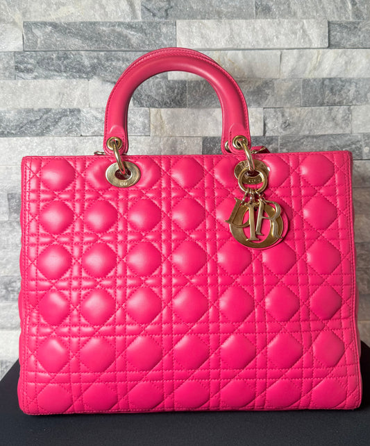 Christian Dior Large Lady Dior Handbag Pink Cannage Quilted Leather Gold-Tone Hardware