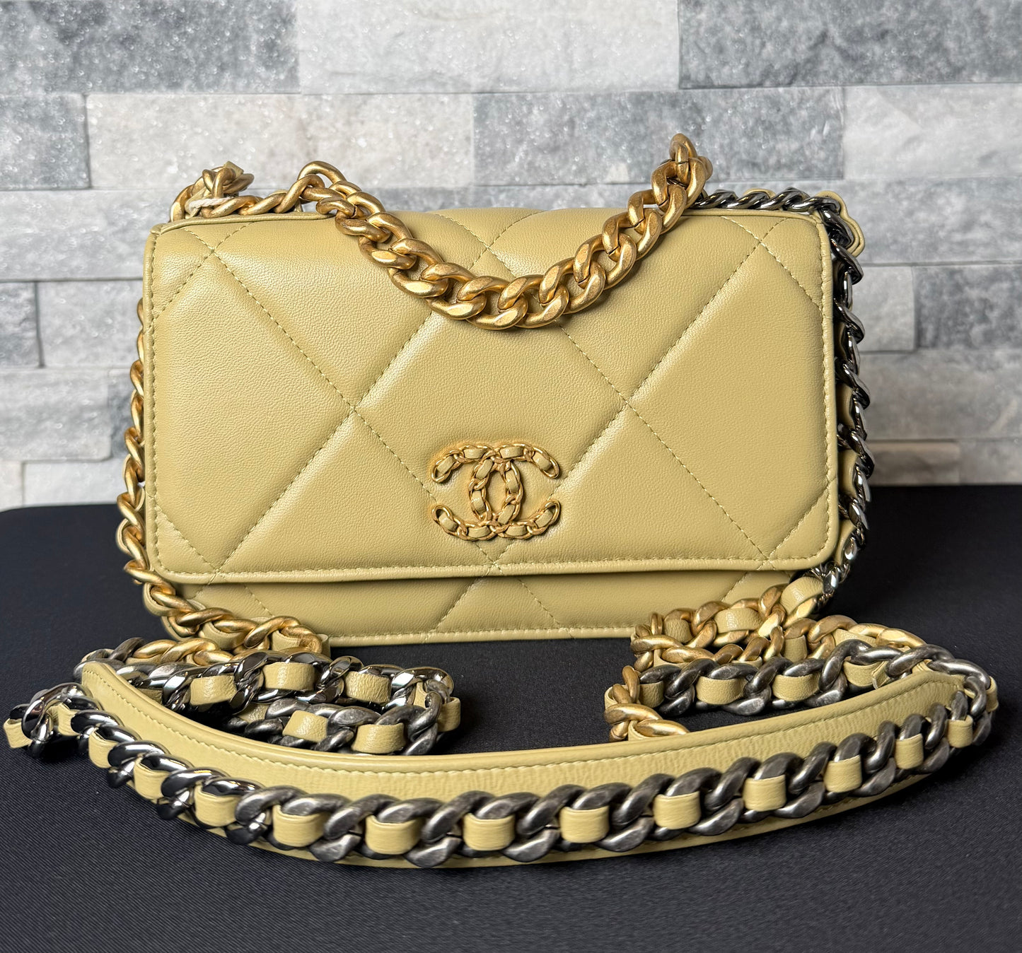Chanel 19 Quilted Lambskin Wallet On Chain Crossbody Bag Beige Mixed Metal Hardware