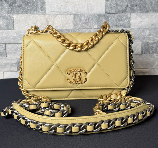 Chanel 19 Quilted Lambskin Wallet On Chain Crossbody Bag Beige Mixed Metal Hardware