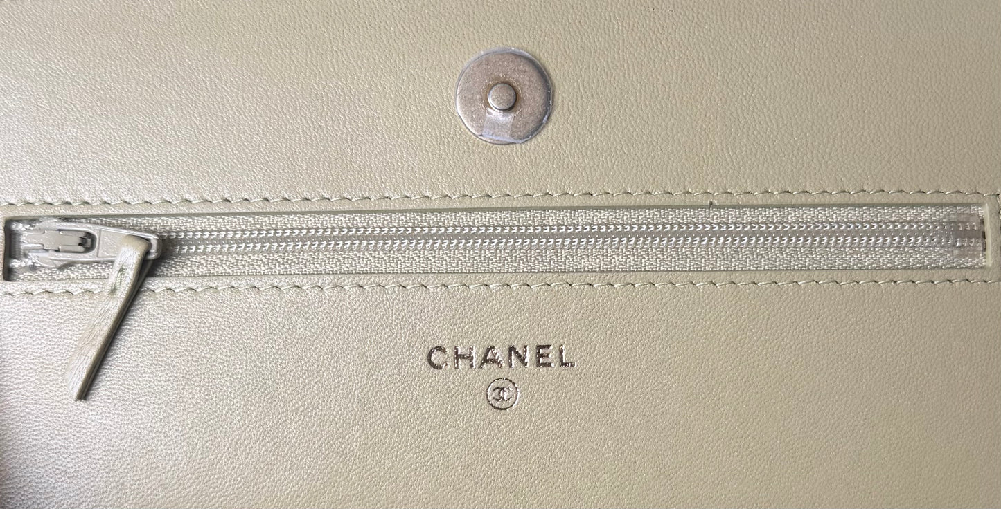 Chanel 19 Quilted Lambskin Wallet On Chain Crossbody Bag Beige Mixed Metal Hardware